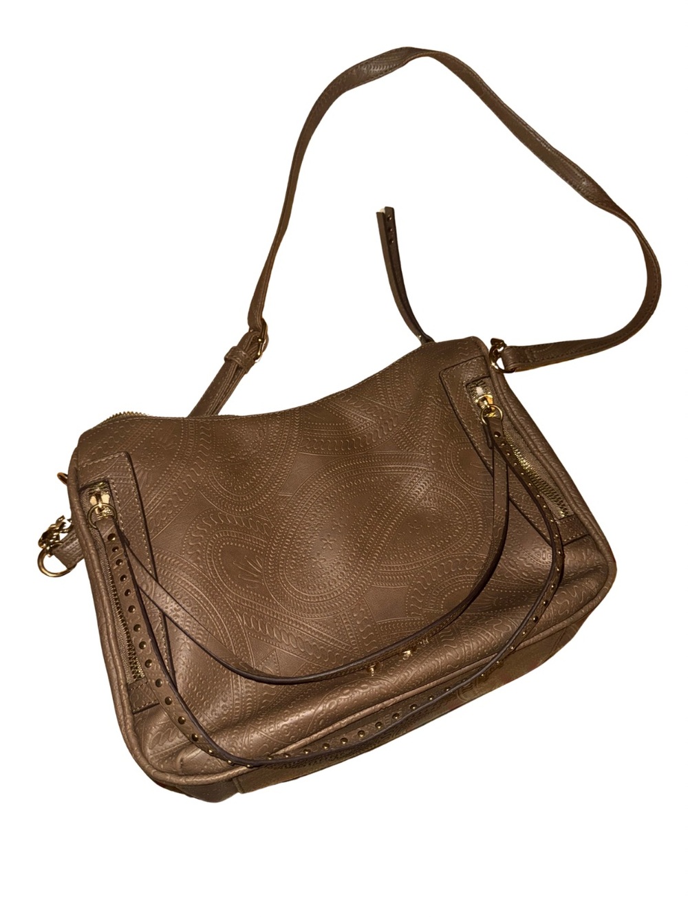 Jessica Simpson Brown Leather Shoulder Bag with Embossed Paisley Pattern